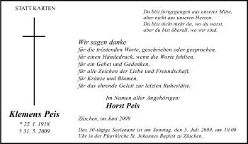 Traueranzeige von Klemens Peis von Tageszeitung