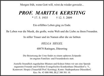 Traueranzeige von Maritta Kersting von Tageszeitung