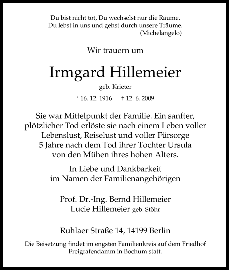  Traueranzeige für Irmgard Hillemeier vom 20.06.2009 aus Tageszeitung
