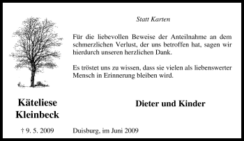 Traueranzeige von Käteliese Kleinbeck von Tageszeitung