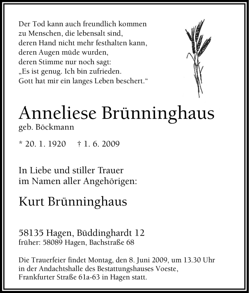  Traueranzeige für Anneliese Brünninghaus vom 05.06.2009 aus Tageszeitung