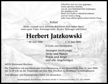 Traueranzeige von Herbert Jatzkowski von Tageszeitung