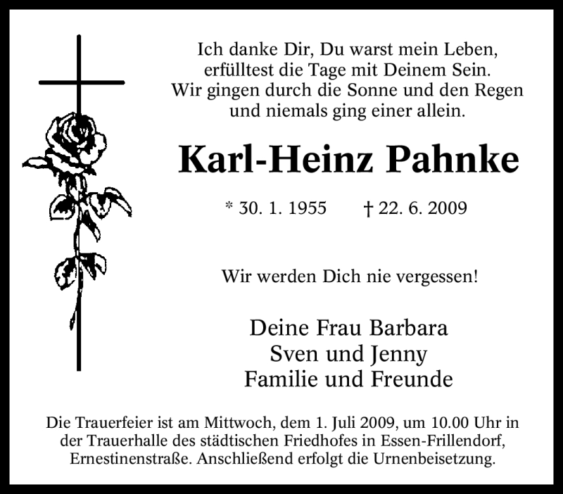  Traueranzeige für Karl-Heinz Pahnke vom 27.06.2009 aus Tageszeitung