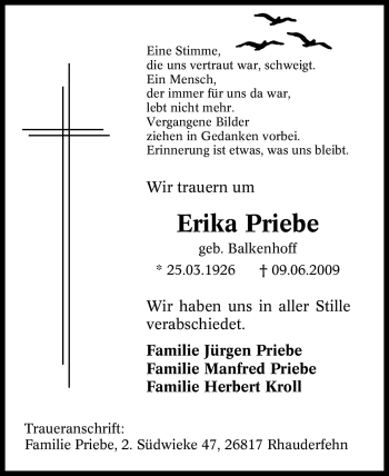 Traueranzeige von Erika Priebe von Tageszeitung