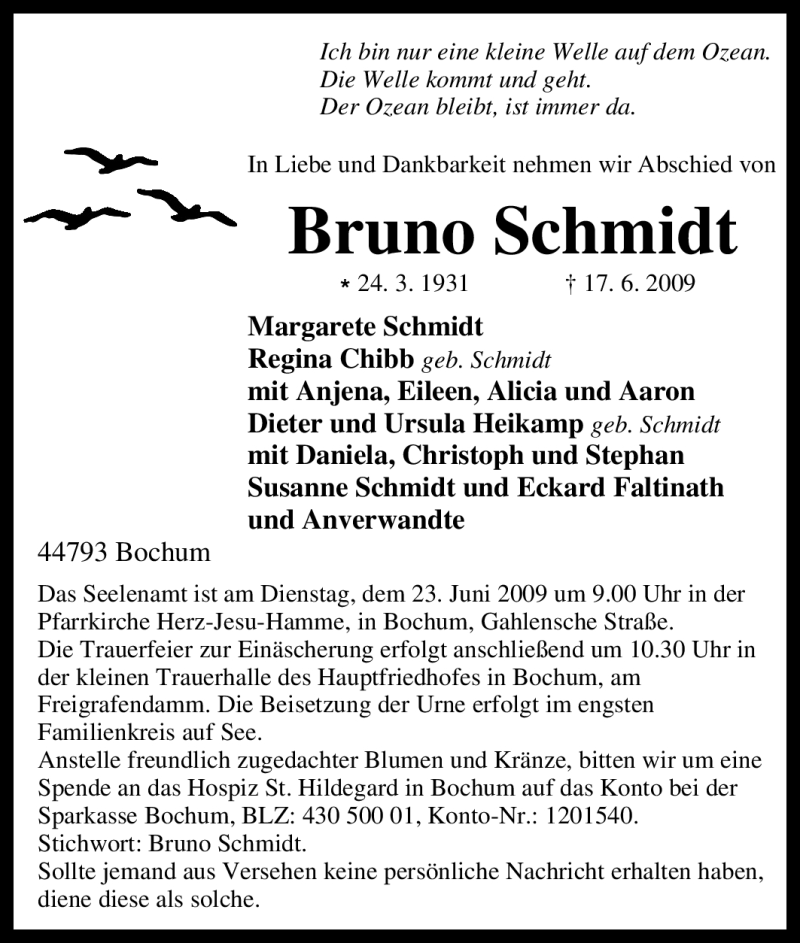  Traueranzeige für Bruno Schmidt vom 20.06.2009 aus Tageszeitung
