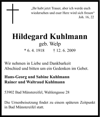 Traueranzeige von Hildegard Kuhlmann von Tageszeitung