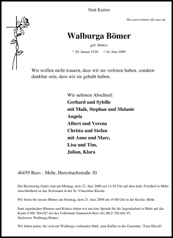 Traueranzeige von Walburga Bömer von Tageszeitung
