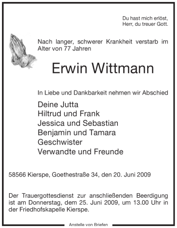 Traueranzeige von Erwin Wittmann von Tageszeitung