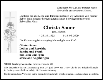 Traueranzeige von Christa Sauer von Tageszeitung