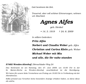 Traueranzeige von Agnes Alfes von Tageszeitung