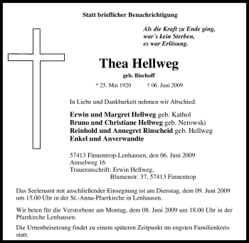Traueranzeige von Thea Hellweg von Tageszeitung
