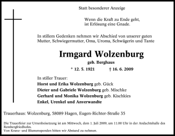 Traueranzeige von Irmgard Wolzenburg von Tageszeitung