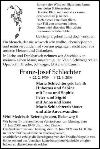 Traueranzeige von Franz-Josef Schlechter von Tageszeitung