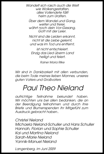Traueranzeige von Paul Theo Nieland von Tageszeitung