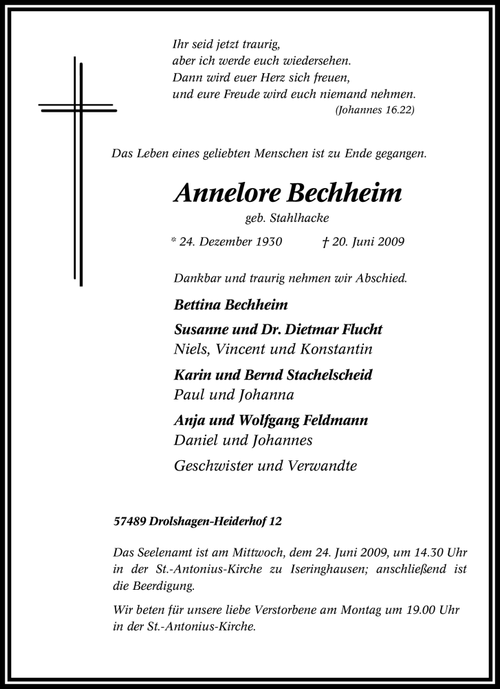  Traueranzeige für Annelore Bechheim vom 22.06.2009 aus Tageszeitung