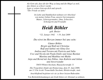 Traueranzeige von Heidi Böhler von Tageszeitung
