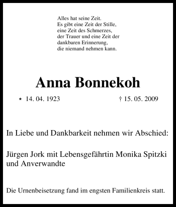 Traueranzeige von Anna Bonnekoh von Tageszeitung