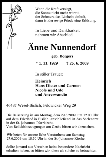Traueranzeige von Änne Nunnendorf von Tageszeitung