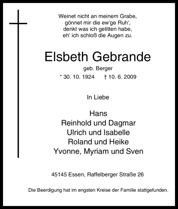 Traueranzeige von Elsbeth Gebrande von Tageszeitung