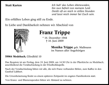 Traueranzeige von Franz Trippe von Tageszeitung