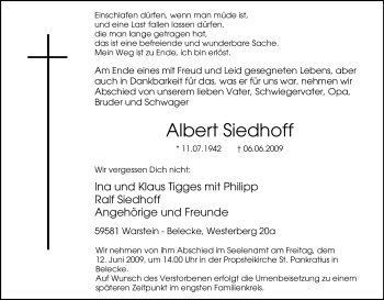 Traueranzeige von Albert Siedhoff von Tageszeitung