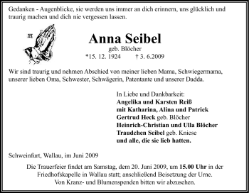 Traueranzeige von Anna Seibel von Tageszeitung
