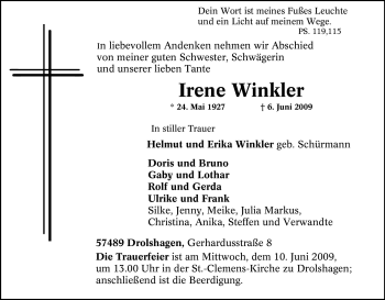 Traueranzeige von Irene Winkler von Tageszeitung