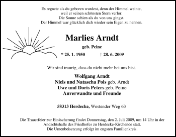 Traueranzeige von Marlies Arndt von Tageszeitung