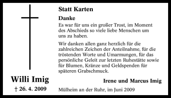 Traueranzeige von Willi Imig von Tageszeitung