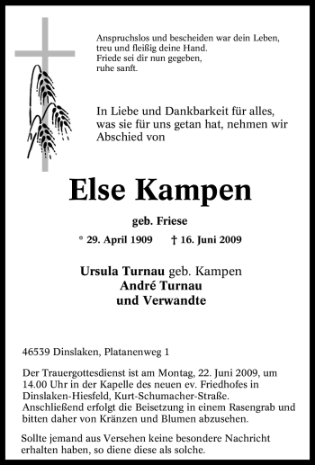 Traueranzeige von Else Kampen von Tageszeitung