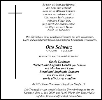 Traueranzeige von Otto Schwarz von Tageszeitung