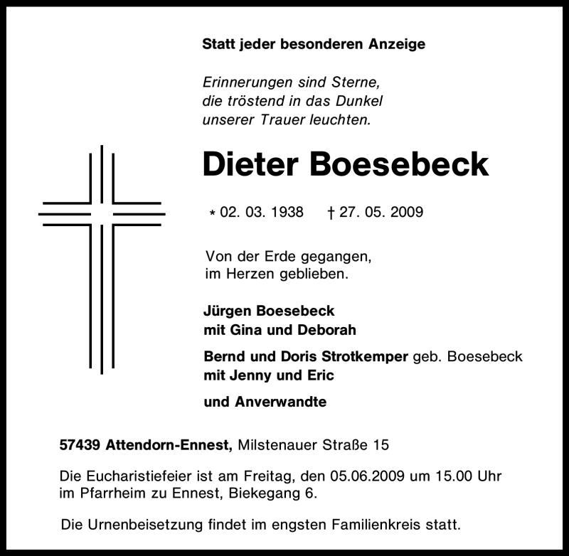Traueranzeigen von Dieter Boesebeck TrauerinNRW.de