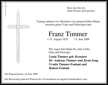 Traueranzeige von Franz Timmer von Tageszeitung
