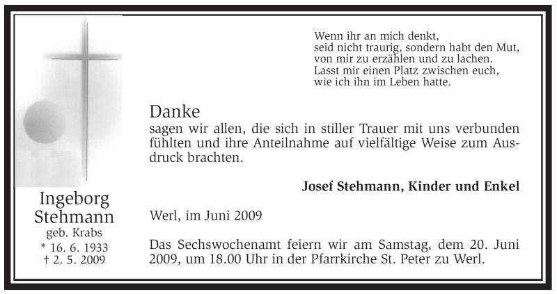  Traueranzeige für Ingeborg Stehmann vom 16.06.2009 aus Tageszeitung