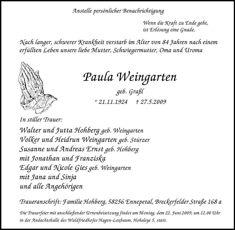  Traueranzeige für Paula Weingarten vom 17.06.2009 aus Tageszeitung