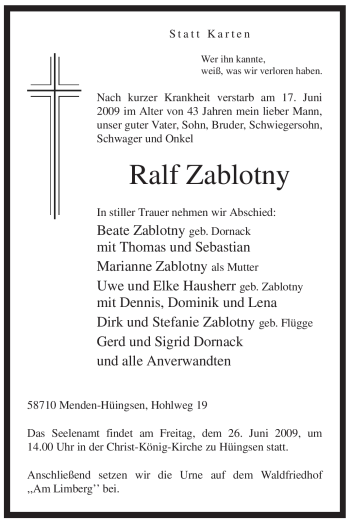Traueranzeige von Ralf Zablotny von Tageszeitung