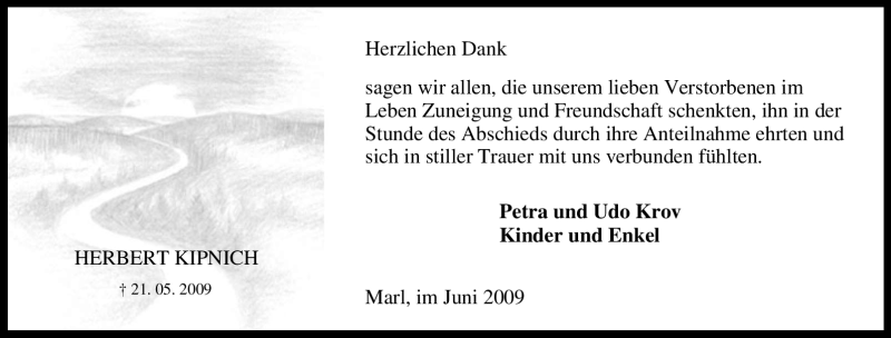  Traueranzeige für Herbert Kipnich vom 20.06.2009 aus Tageszeitung