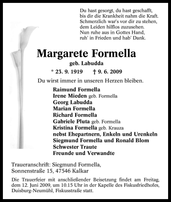Traueranzeige von Margarete Formella von Tageszeitung