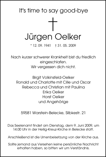 Traueranzeige von Jürgen Oelker von Tageszeitung