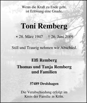Traueranzeige von Toni Remberg von Tageszeitung