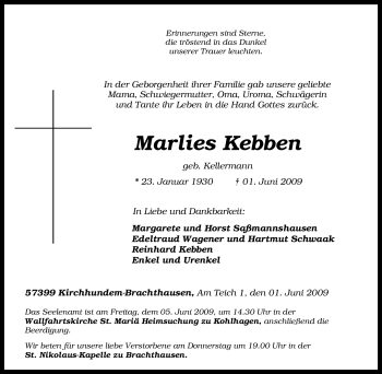 Traueranzeige von Marlies Kebben von Tageszeitung
