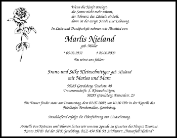 Traueranzeige von Marlis Nieland von Tageszeitung