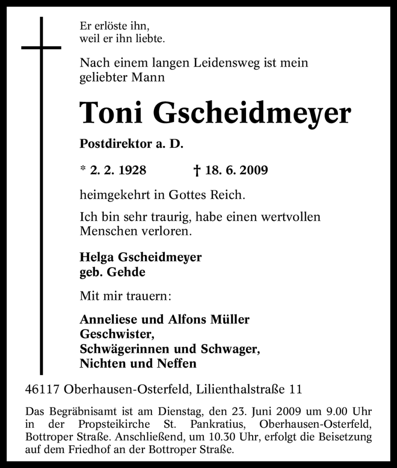  Traueranzeige für Toni Gscheidmeyer vom 20.06.2009 aus Tageszeitung