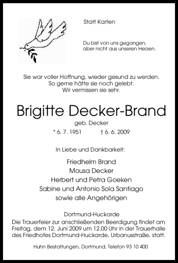 Traueranzeige von Brigitte Decker-Brand von Tageszeitung