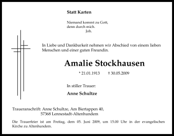 Traueranzeige von Amalie Stockhausen von Tageszeitung