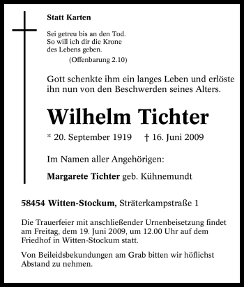 Traueranzeige von Wilhelm Tichter von Tageszeitung
