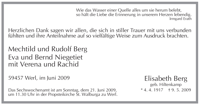  Traueranzeige für Elisabeth Berg vom 16.06.2009 aus Tageszeitung