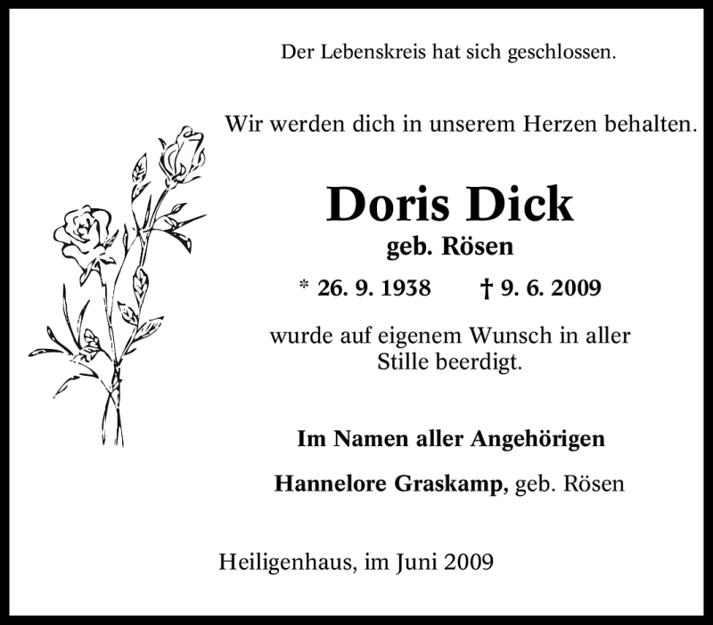  Traueranzeige für Doris Dick vom 20.06.2009 aus Tageszeitung