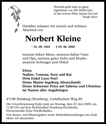 Traueranzeige von Norbert Kleine von Tageszeitung