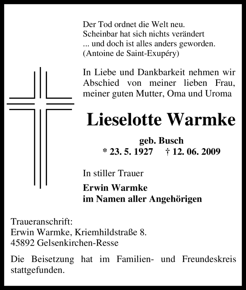  Traueranzeige für Lieselotte Warmke vom 19.06.2009 aus Tageszeitung